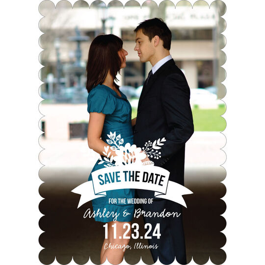 Navy Floral Ribbon Photo Save the Date Announcements